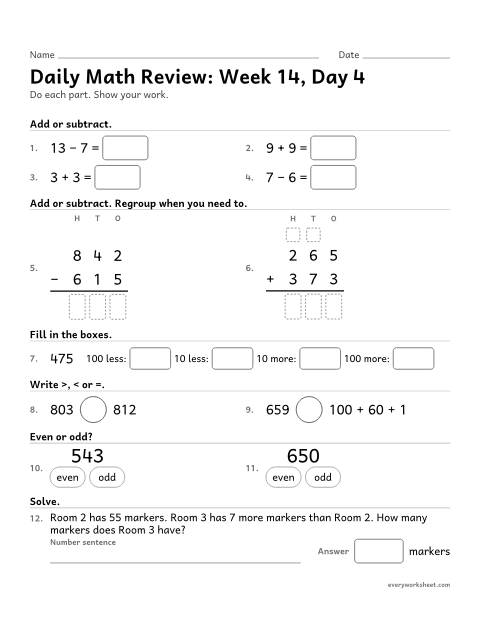 Preview of the printable “Daily math Review: week 14, day 4” worksheet: mixed 2nd grade math review