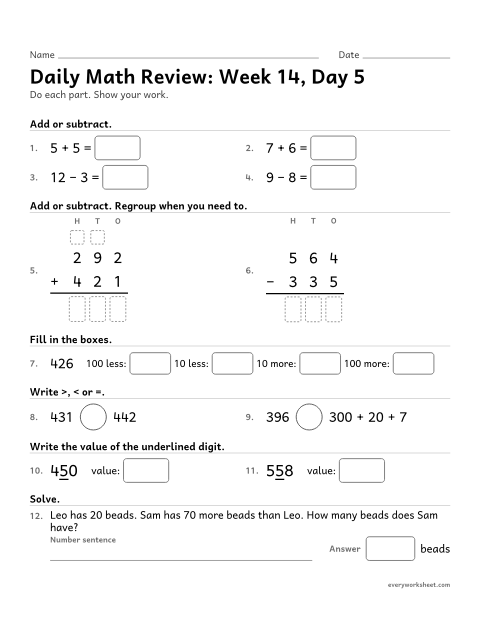 Preview of the printable “Daily math Review: week 14, day 5” worksheet: mixed 2nd grade math review