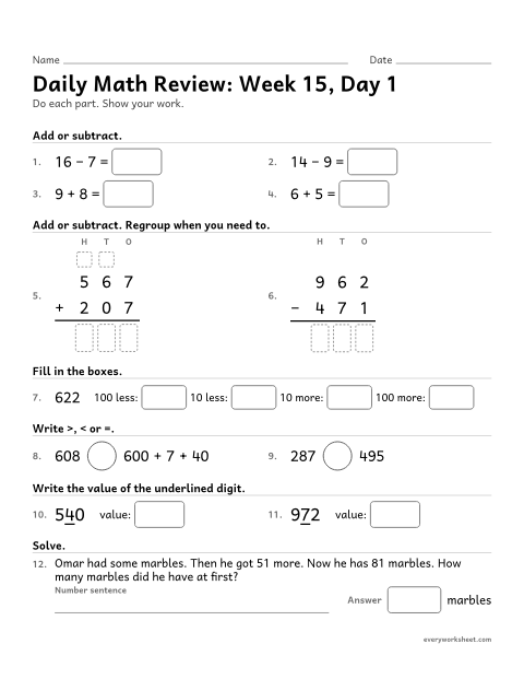 Preview of the printable “Daily math Review: week 15, day 1” worksheet: mixed 2nd grade math review