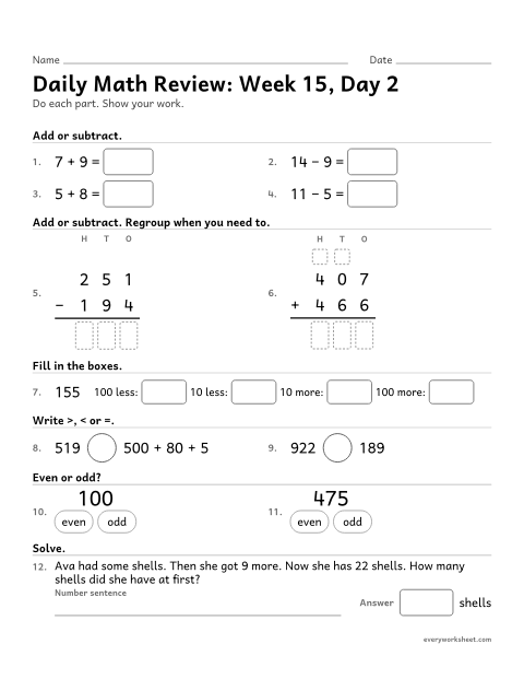 Preview of the printable “Daily math Review: week 15, day 2” worksheet: mixed 2nd grade math review