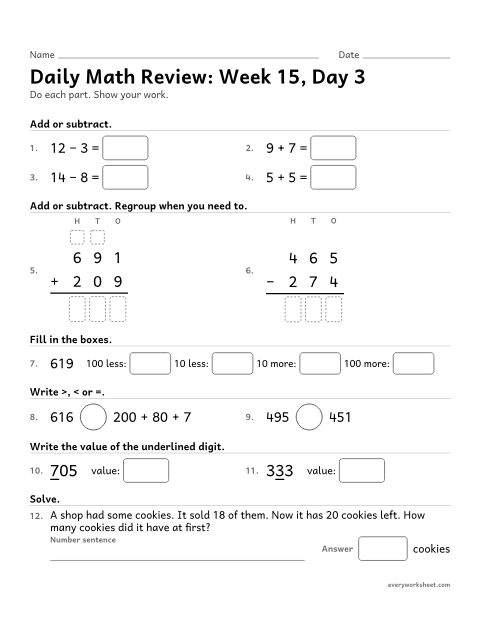 Preview of the printable “Daily math Review: week 15, day 3” worksheet: mixed 2nd grade math review