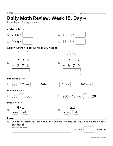 Preview of the printable “Daily math Review: week 15, day 4” worksheet: mixed 2nd grade math review