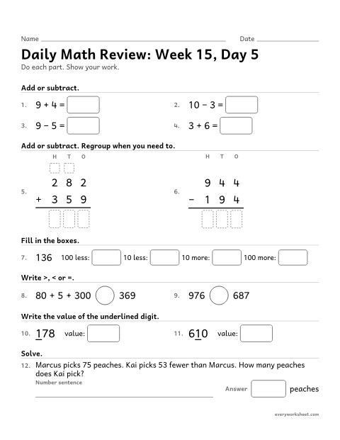 Preview of the printable “Daily math Review: week 15, day 5” worksheet: mixed 2nd grade math review