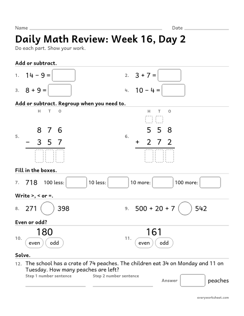 Preview of the printable “Daily math Review: week 16, day 2” worksheet: mixed 2nd grade math review