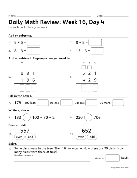 Preview of the printable “Daily math Review: week 16, day 4” worksheet: mixed 2nd grade math review