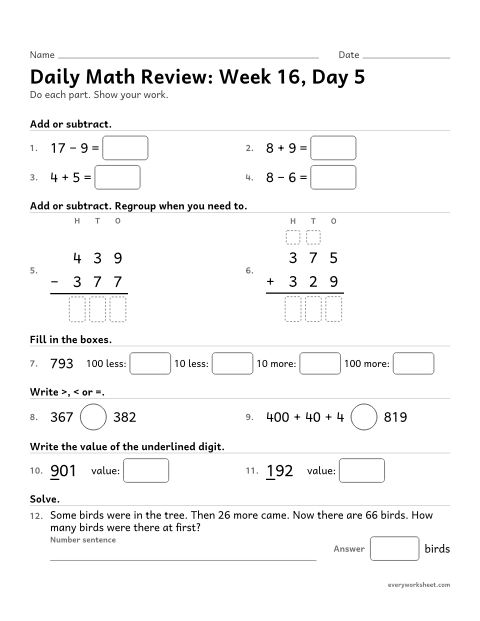 Preview of the printable “Daily math Review: week 16, day 5” worksheet: mixed 2nd grade math review
