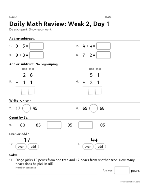 Preview of the printable “Daily math Review: week 2, day 1” worksheet: mixed 2nd grade math review