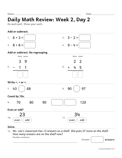 Preview of the printable “Daily math Review: week 2, day 2” worksheet: mixed 2nd grade math review