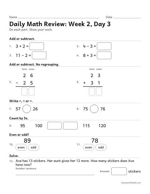Preview of the printable “Daily math Review: week 2, day 3” worksheet: mixed 2nd grade math review