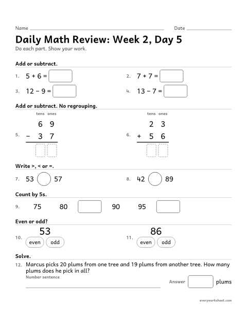 Preview of the printable “Daily math Review: week 2, day 5” worksheet: mixed 2nd grade math review