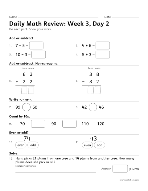 Preview of the printable “Daily math Review: week 3, day 2” worksheet: mixed 2nd grade math review