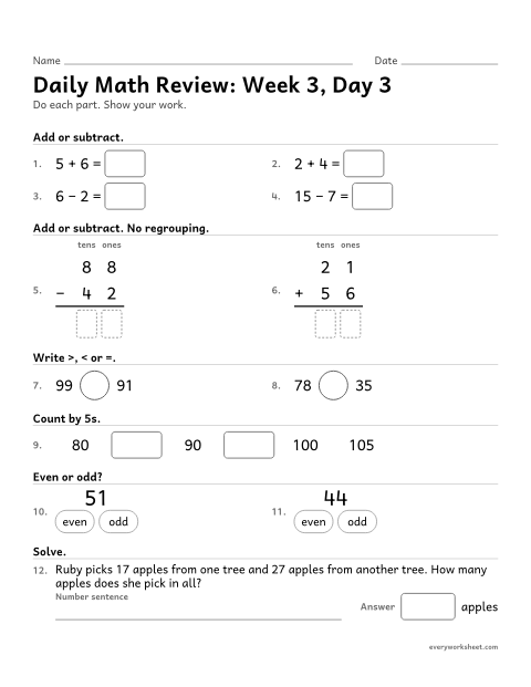 Preview of the printable “Daily math Review: week 3, day 3” worksheet: mixed 2nd grade math review