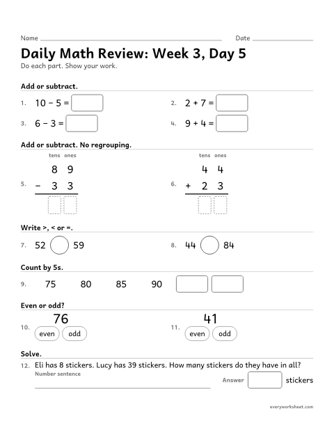 Preview of the printable “Daily math Review: week 3, day 5” worksheet: mixed 2nd grade math review