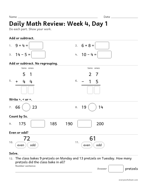 Preview of the printable “Daily math Review: week 4, day 1” worksheet: mixed 2nd grade math review