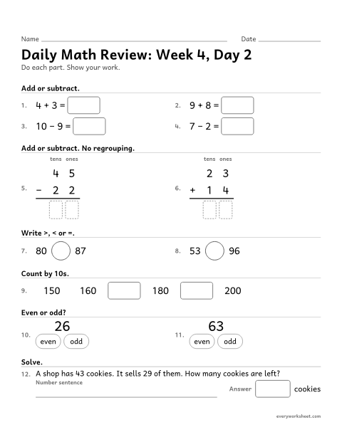Preview of the printable “Daily math Review: week 4, day 2” worksheet: mixed 2nd grade math review