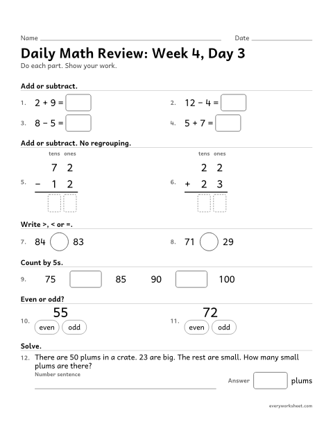 Preview of the printable “Daily math Review: week 4, day 3” worksheet: mixed 2nd grade math review