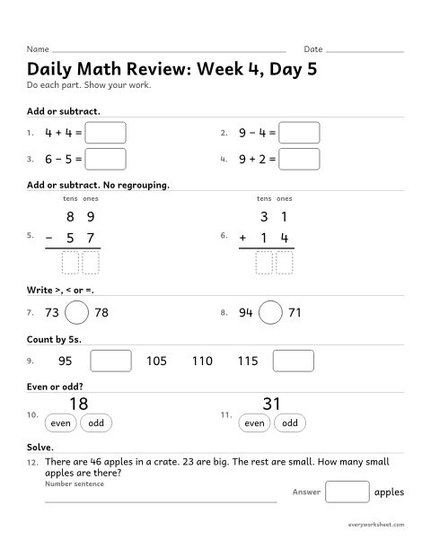 Preview of the printable “Daily math Review: week 4, day 5” worksheet: mixed 2nd grade math review
