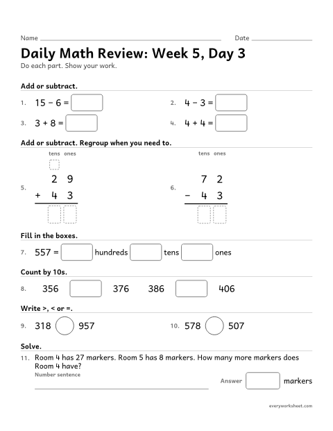 Preview of the printable “Daily math Review: week 5, day 3” worksheet: mixed 2nd grade math review