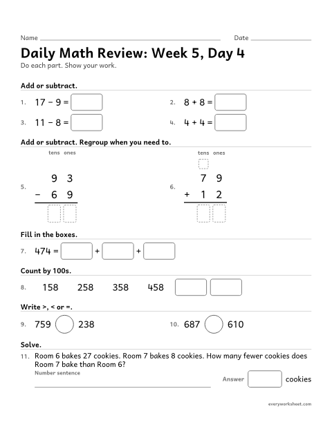 Preview of the printable “Daily math Review: week 5, day 4” worksheet: mixed 2nd grade math review