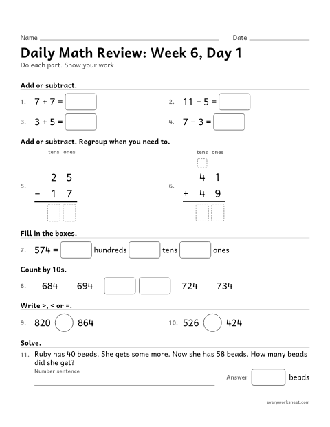 Preview of the printable “Daily math Review: week 6, day 1” worksheet: mixed 2nd grade math review