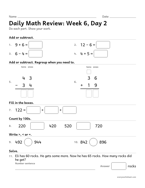 Preview of the printable “Daily math Review: week 6, day 2” worksheet: mixed 2nd grade math review