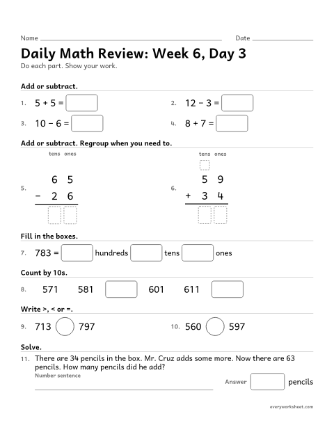 Preview of the printable “Daily math Review: week 6, day 3” worksheet: mixed 2nd grade math review