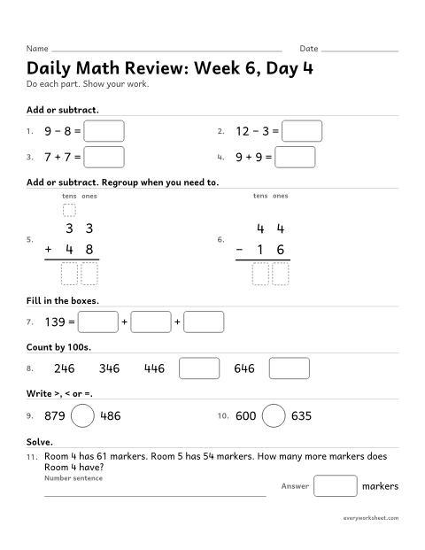 Preview of the printable “Daily math Review: week 6, day 4” worksheet: mixed 2nd grade math review