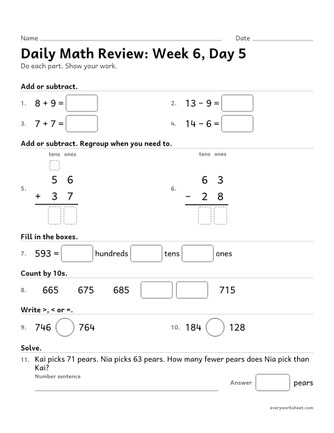 Preview of the printable “Daily math Review: week 6, day 5” worksheet: mixed 2nd grade math review