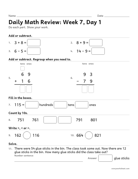 Preview of the printable “Daily math Review: week 7, day 1” worksheet: mixed 2nd grade math review