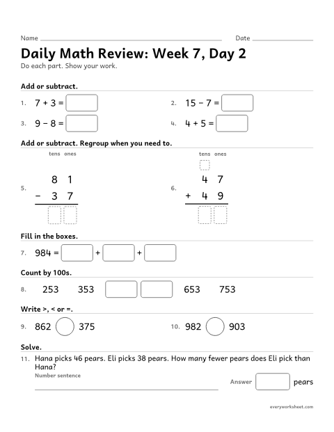 Preview of the printable “Daily math Review: week 7, day 2” worksheet: mixed 2nd grade math review