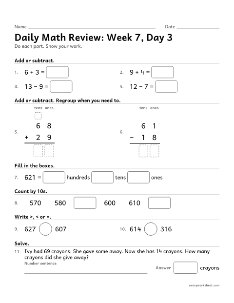 Preview of the printable “Daily math Review: week 7, day 3” worksheet: mixed 2nd grade math review