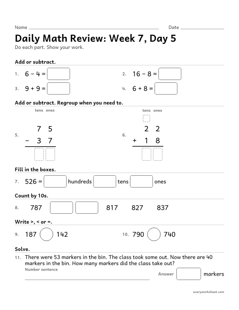 Preview of the printable “Daily math Review: week 7, day 5” worksheet: mixed 2nd grade math review