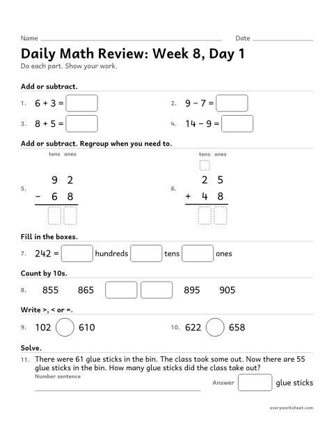Preview of the printable “Daily math Review: week 8, day 1” worksheet: mixed 2nd grade math review