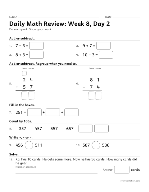 Preview of the printable “Daily math Review: week 8, day 2” worksheet: mixed 2nd grade math review