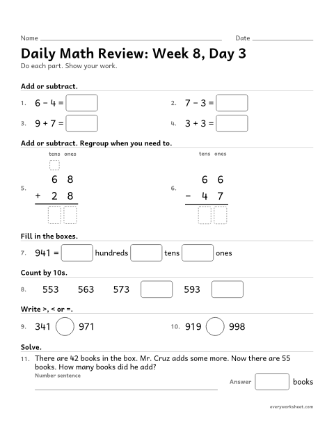 Preview of the printable “Daily math Review: week 8, day 3” worksheet: mixed 2nd grade math review