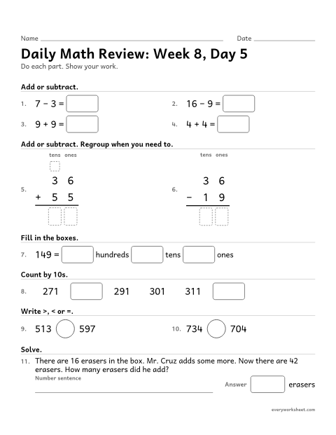 Preview of the printable “Daily math Review: week 8, day 5” worksheet: mixed 2nd grade math review
