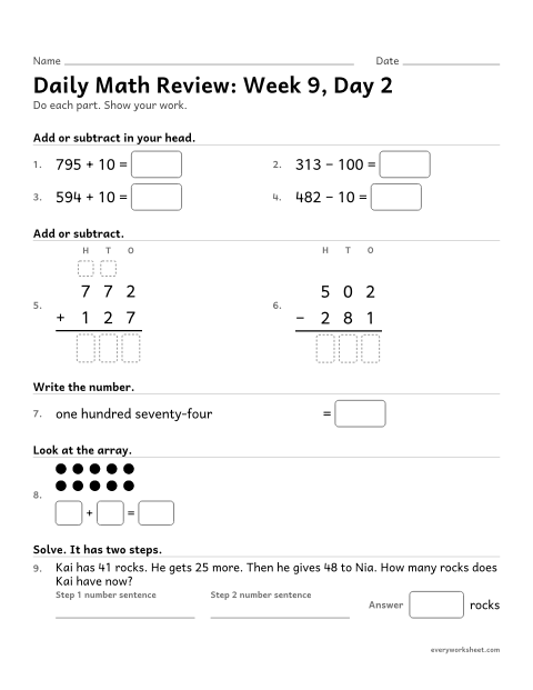 Preview of the printable “Daily math Review: week 9, day 2” worksheet: mixed 2nd grade math review