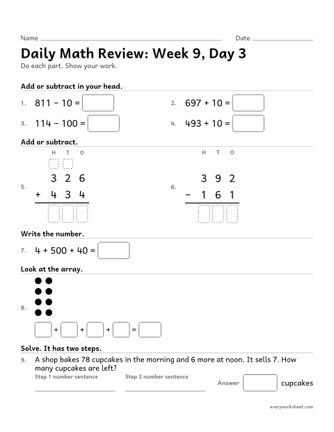 Preview of the printable “Daily math Review: week 9, day 3” worksheet: mixed 2nd grade math review