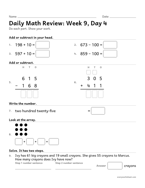 Preview of the printable “Daily math Review: week 9, day 4” worksheet: mixed 2nd grade math review