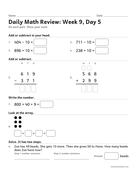 Preview of the printable “Daily math Review: week 9, day 5” worksheet: mixed 2nd grade math review