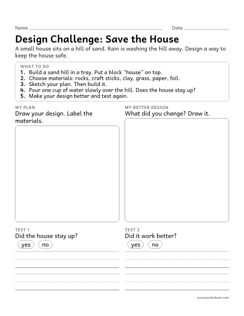 Preview of the printable “Erosion design challenge worksheet” worksheet: designing, testing and improving a solution that slows water from changing the land