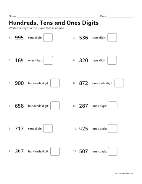 Preview of the printable “Hundreds, tens and ones digits” worksheet: naming the digit in the hundreds, tens or ones place