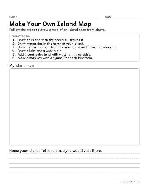 Preview of the printable “Draw a landforms map worksheet” worksheet: drawing a map model that shows kinds of land and bodies of water