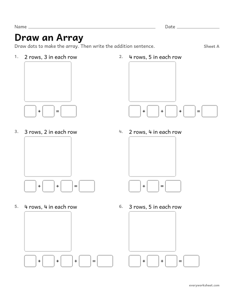 Preview of the printable “Draw an Array, sheet A” worksheet: drawing an array and writing its total as repeated addition