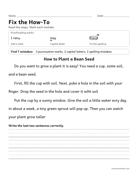 Preview of the printable “Fix the How-To” worksheet: proofreading how-to writing for capitals, end marks, and spelling