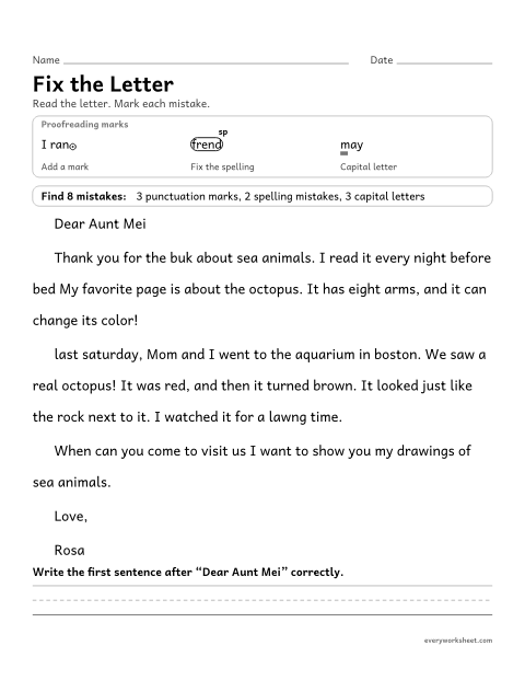 Preview of the printable “Fix the letter” worksheet: proofreading a friendly letter for capitals, end marks, a greeting comma, and spelling