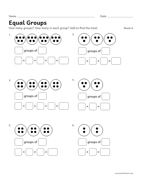 Preview of the printable “Equal Groups, sheet A” worksheet: finding the total of equal groups with repeated addition