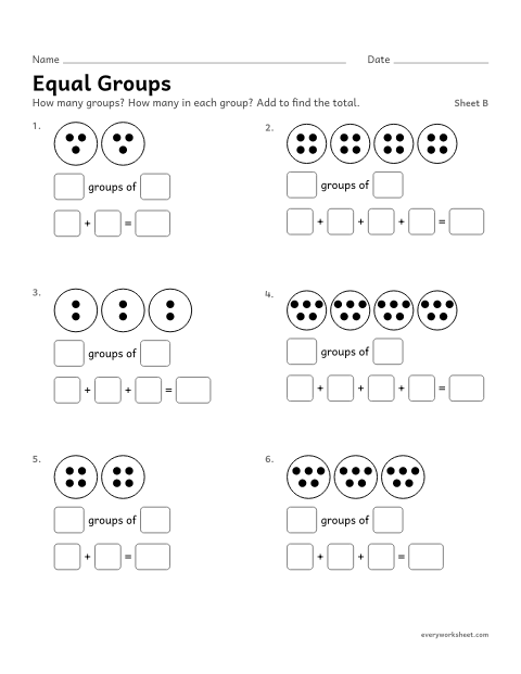Preview of the printable “Equal Groups, sheet B” worksheet: finding the total of equal groups with repeated addition