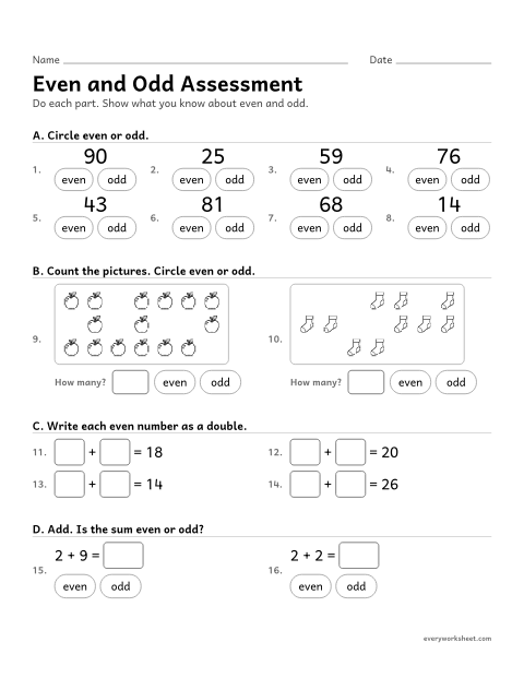 Preview of the printable “Even and odd assessment” worksheet: even and odd: check what children know