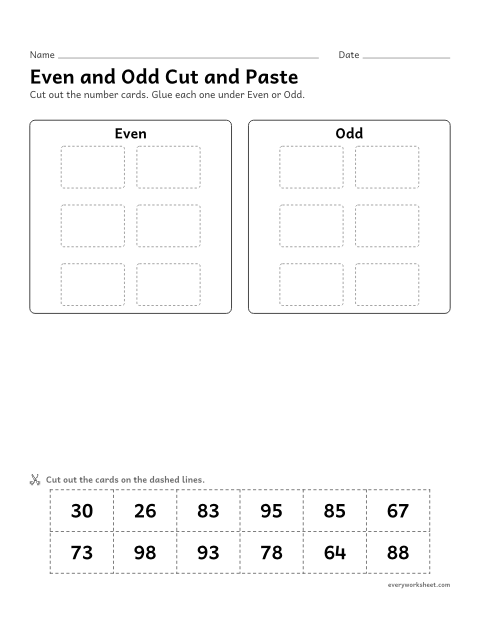 Preview of the printable “Even and odd cut and paste” worksheet: sorting numbers into even and odd (cut and paste)